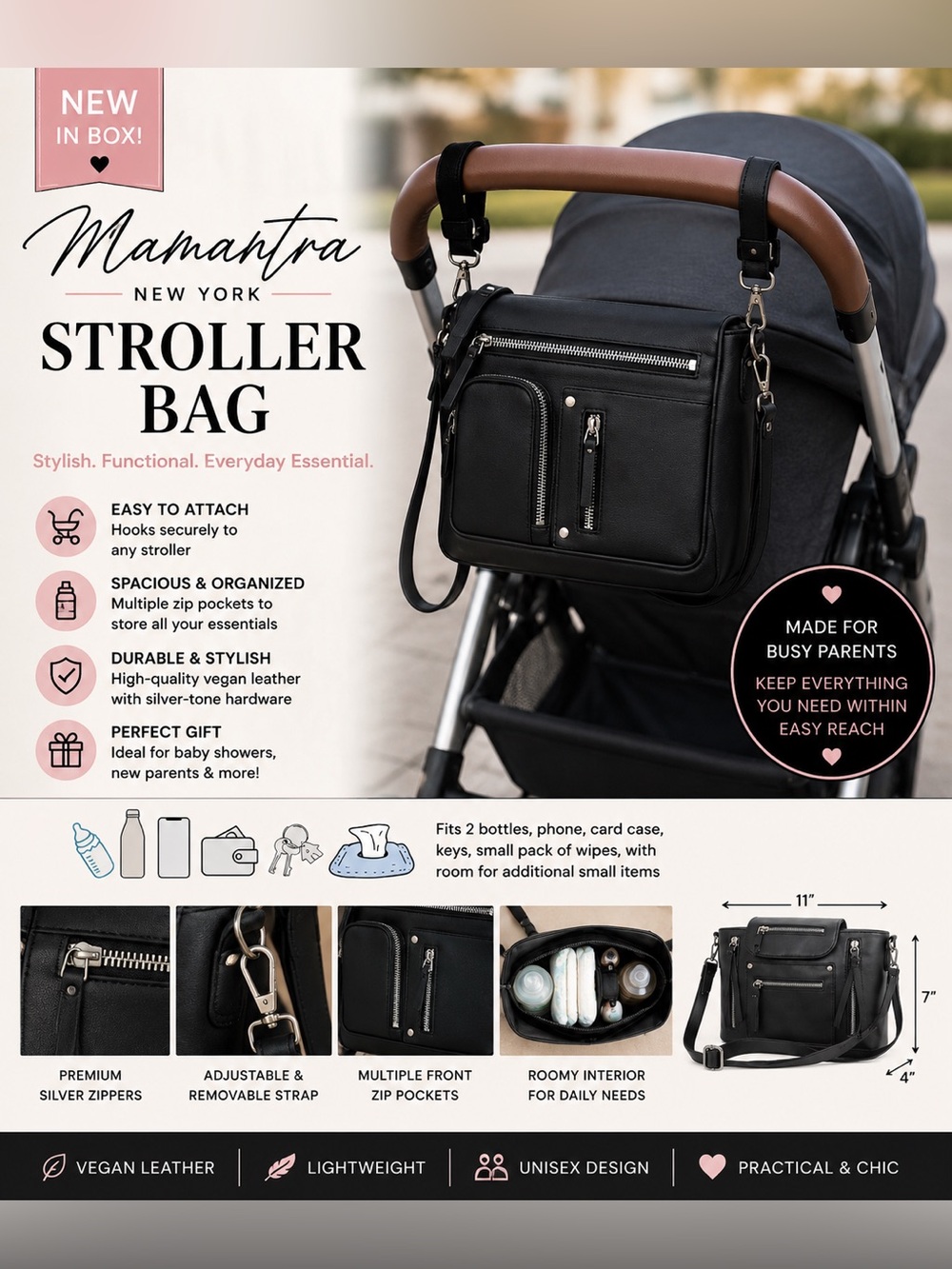 Mamantra New York Black Stroller Bag — Vegan Leather